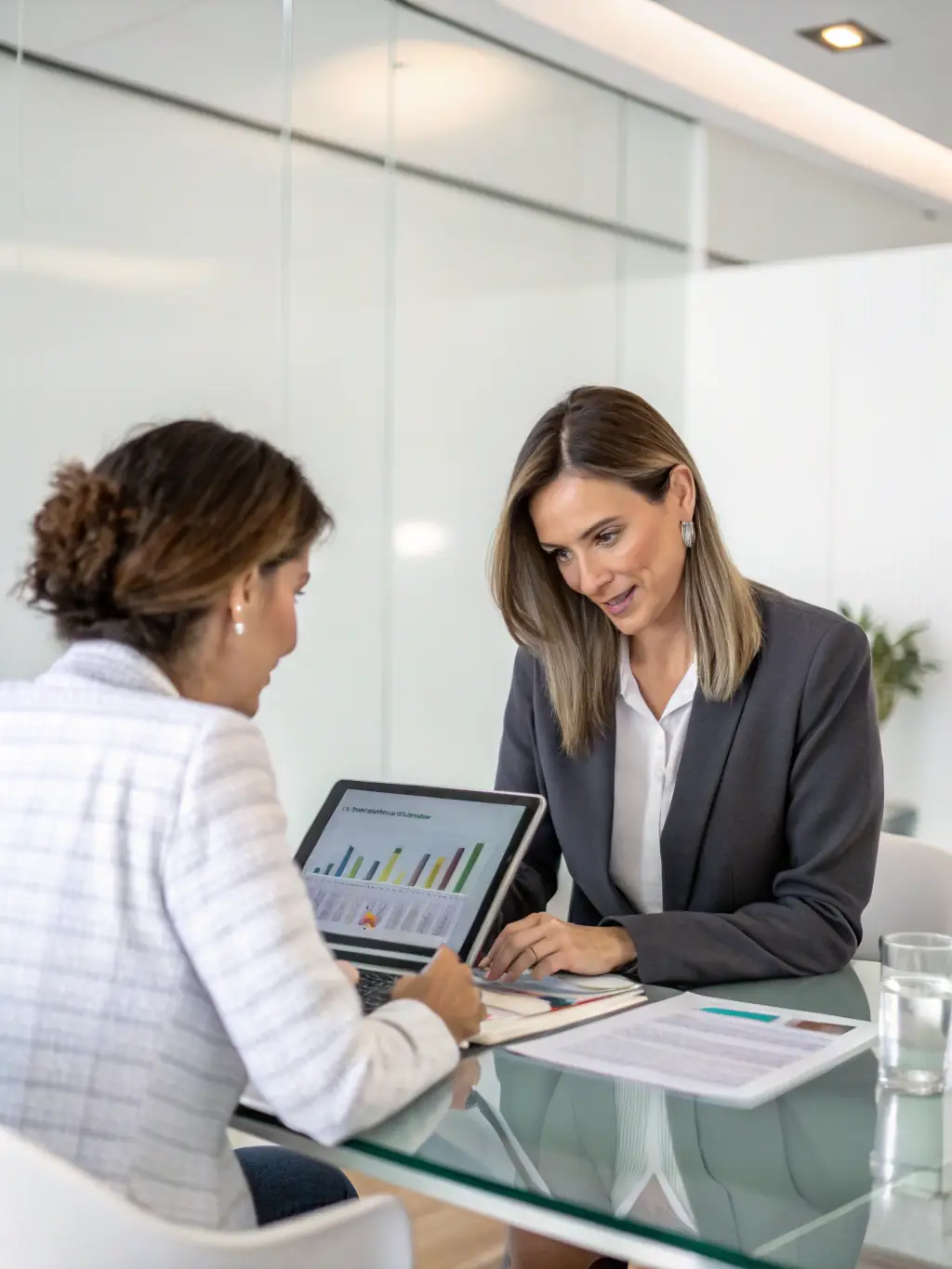 A coach guiding a client through financial planning and credit building strategies in a friendly and supportive environment.