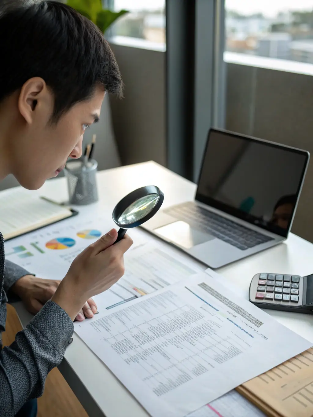 A person reviewing a credit report with a magnifying glass, highlighting inaccuracies and negative items, in a well-lit office setting.