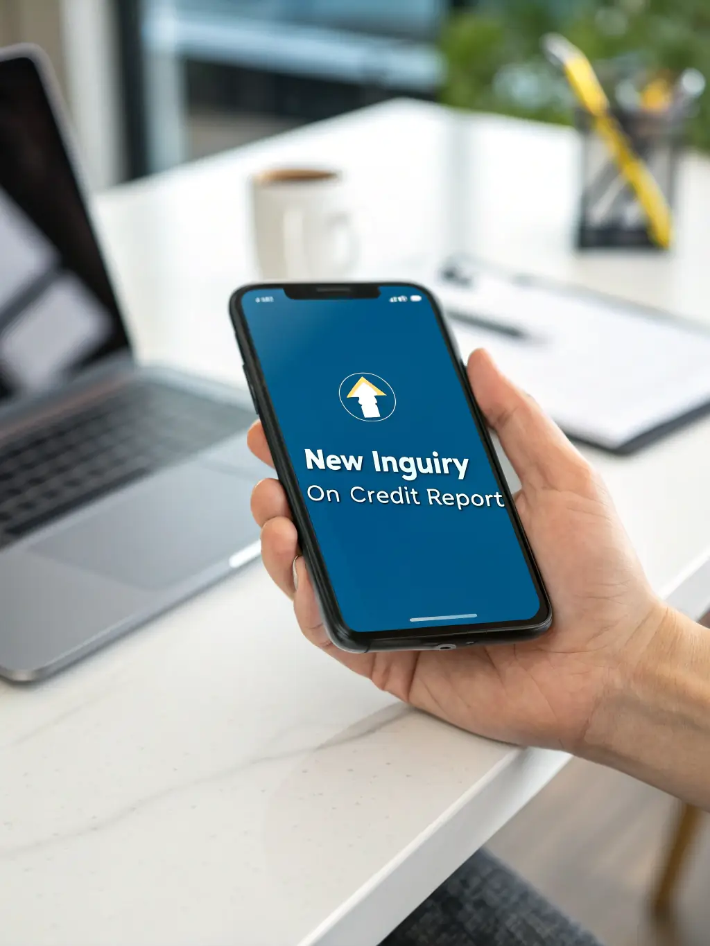 A smartphone displaying a credit monitoring app with alerts and updates on credit score changes, set against a clean, modern background.